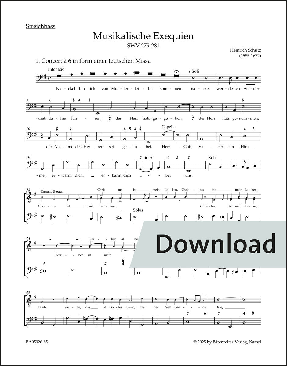 シュッツ:葬送音楽 SWV 279-281(バスパート譜)【デジタル版】