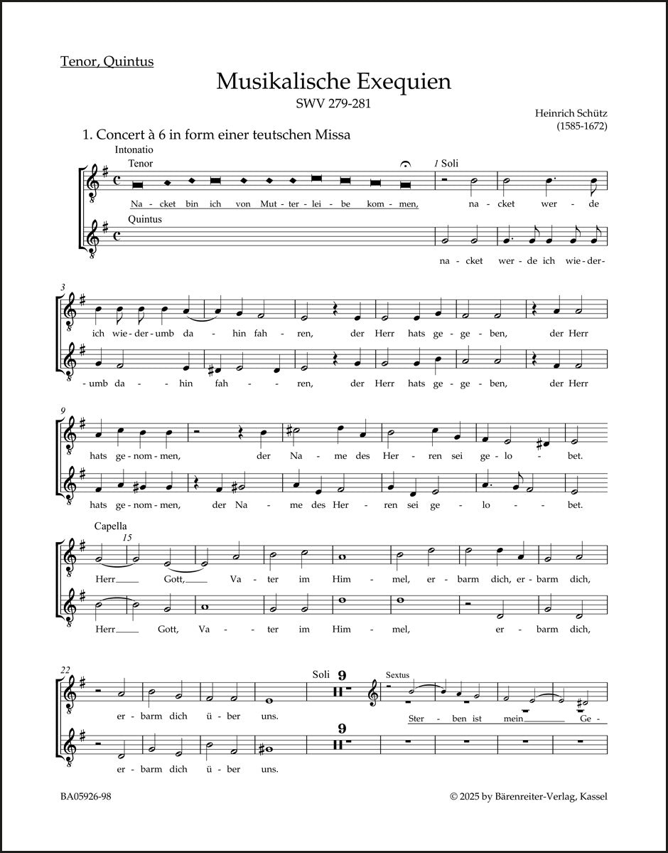 シュッツ:音楽による葬送礼拝 SWV 279-281(テノールパート譜)
