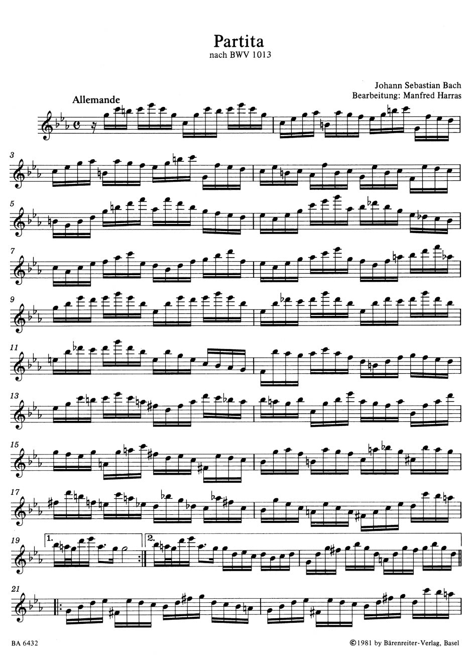 スコア/バッハ:無伴奏アルト・リコーダーのためのパルティータ ハ短調 BWV 1013