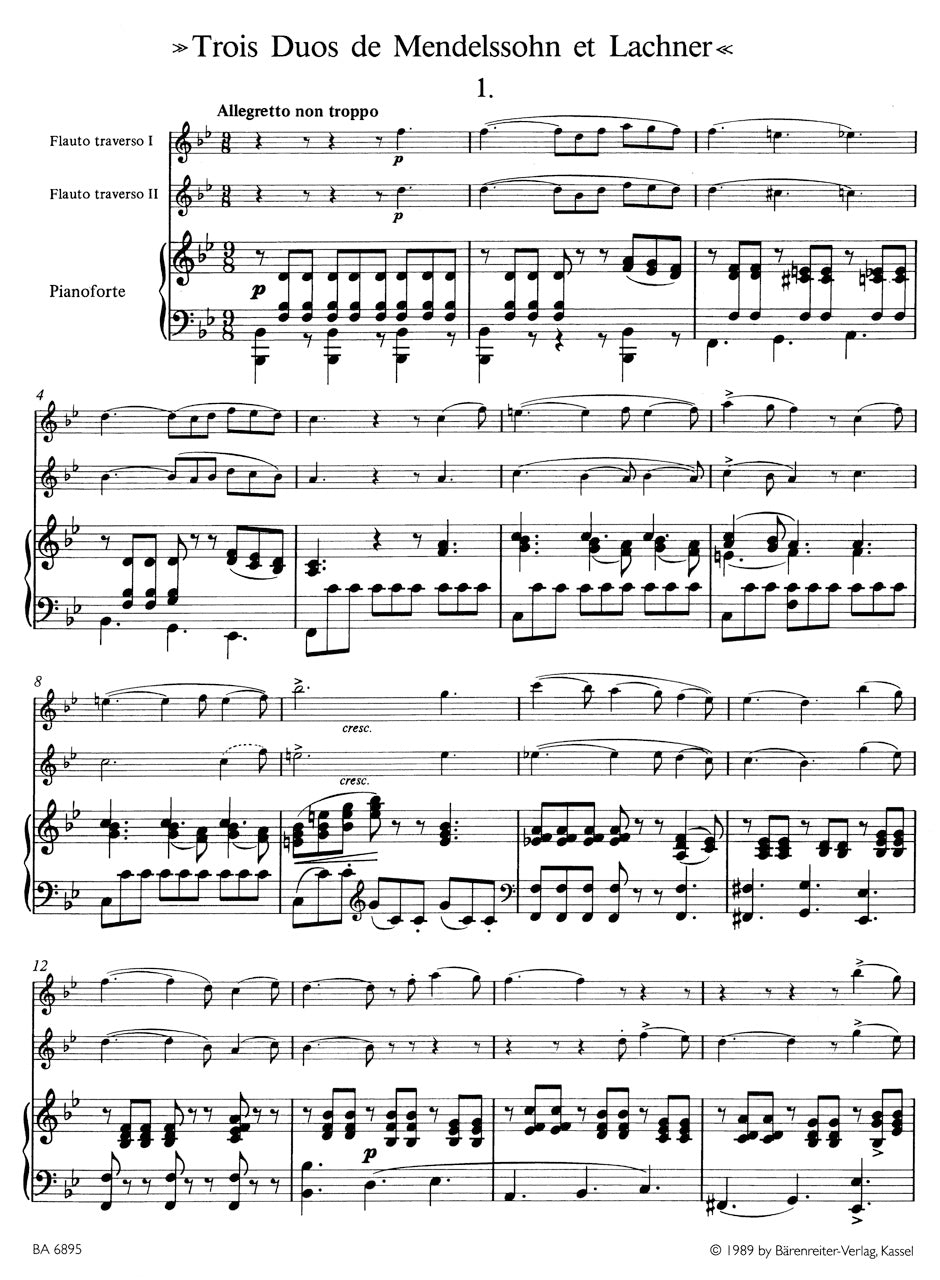 フルート/ベーム:メンデルスゾーンとラハナーによる3つの二重奏曲 作品33(2本のフルートとピアノのための)