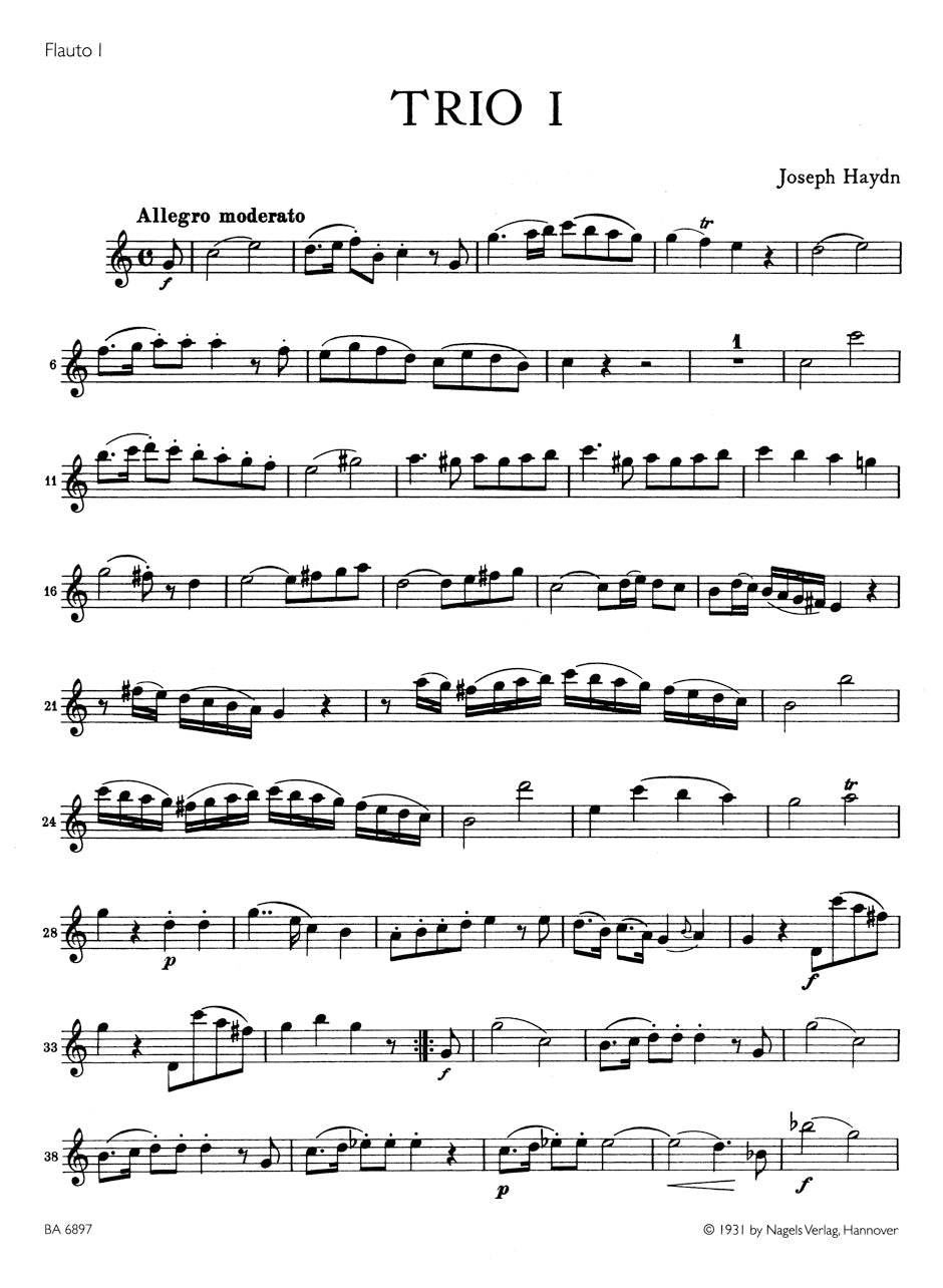 ハイドン:2本のフルートとチェロのためのロンドン三重奏曲 Hob. IV: 1-4(フルートパート譜)
