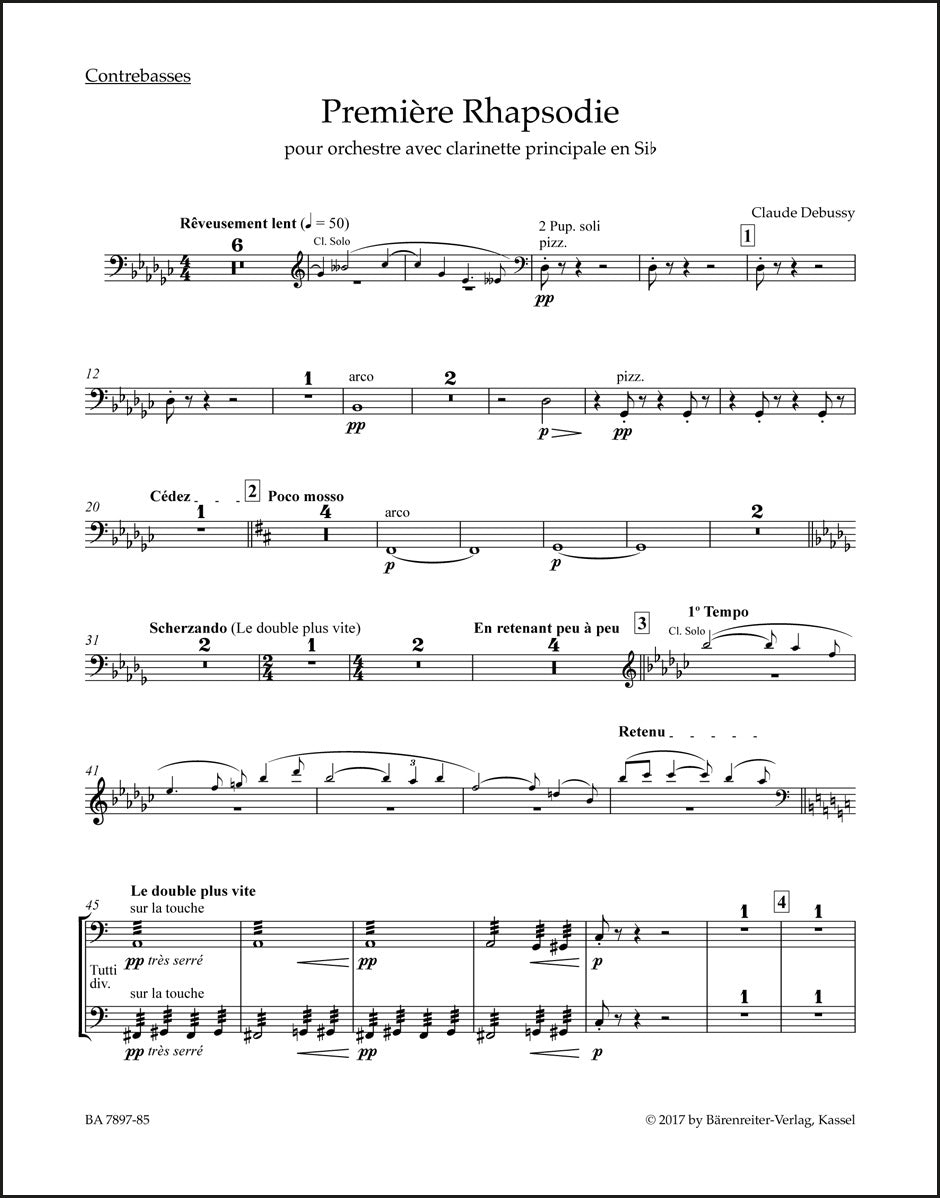 ドビュッシー:管弦楽とB-flat管クラリネット独奏のための第1狂詩曲(コントラバスパート譜)(2冊セット)