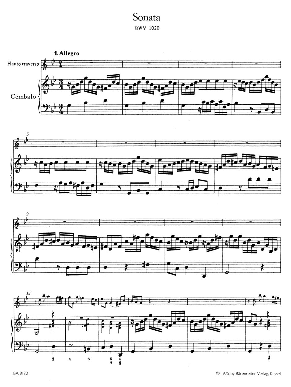 アンサンブル二重奏/バッハ:フルートと通奏チェンバロ(ピアノ)のためのソナタ ト短調 BWV 1020