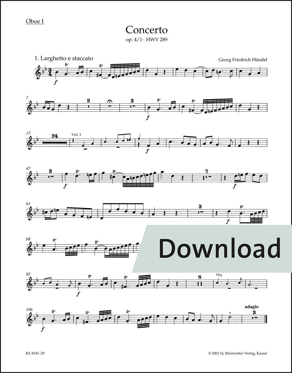 ヘンデル:オルガン協奏曲 ト短調 op.4-1 HWV289(原典版) – 第1オーボエ パート譜【デジタル版】