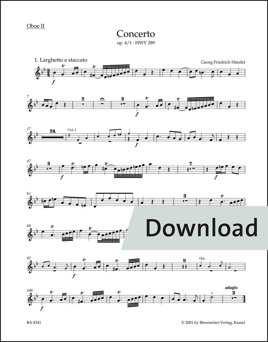 ヘンデル:オルガン協奏曲 ト短調 op.4-1 HWV289(原典版) – 第2オーボエ パート譜【デジタル版】