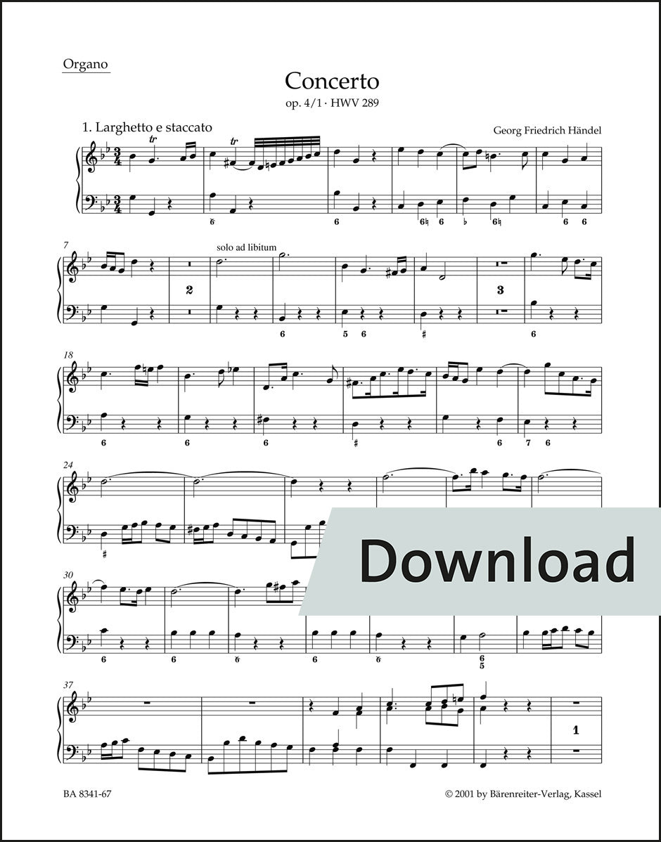 ヘンデル:オルガン協奏曲 ト短調 op.4-1 HWV289(原典版) – オルガン独奏 パート譜【デジタル版】