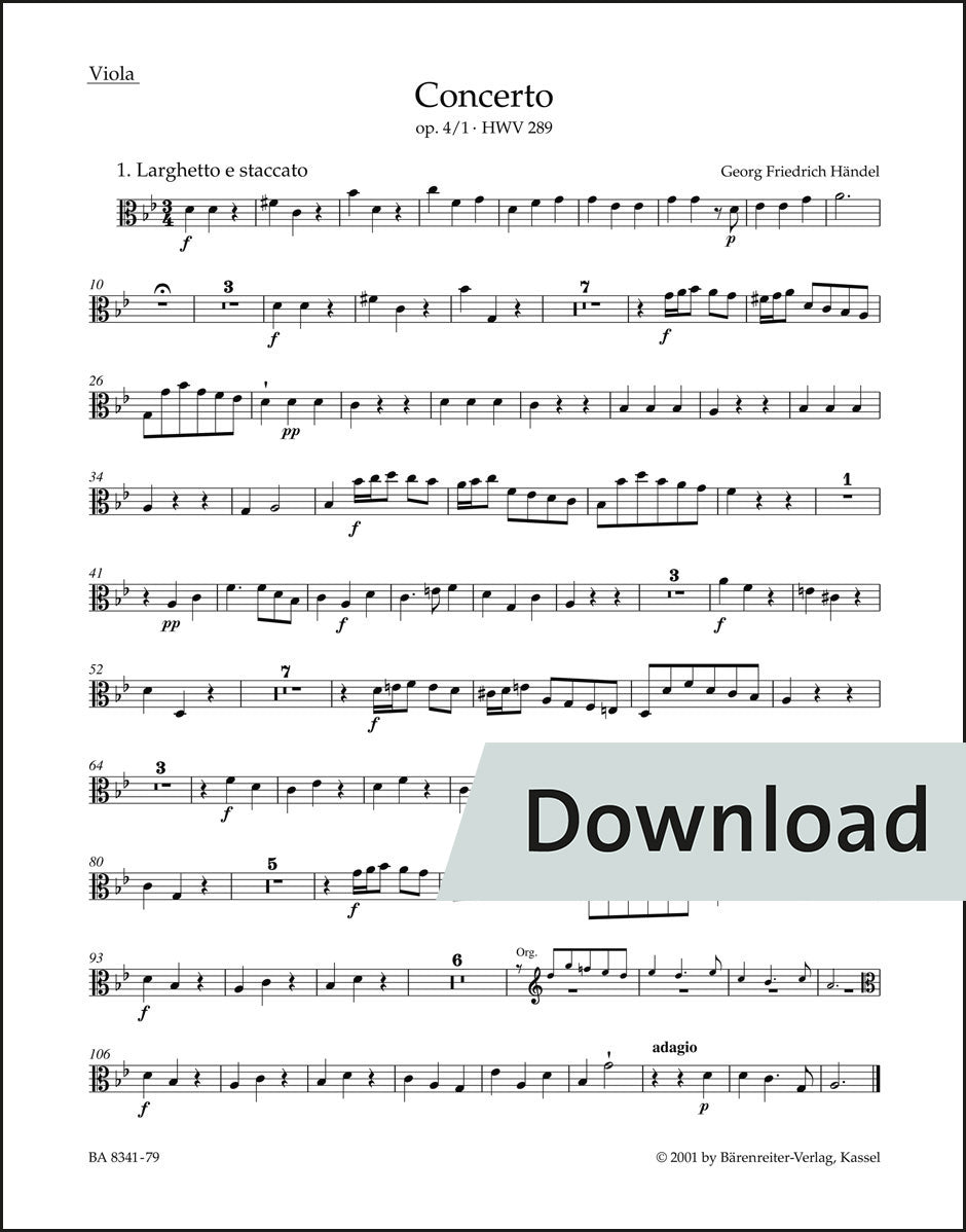 ヘンデル:オルガン協奏曲 ト短調 op.4-1 HWV289(原典版) – ヴィオラ パート譜【デジタル版】