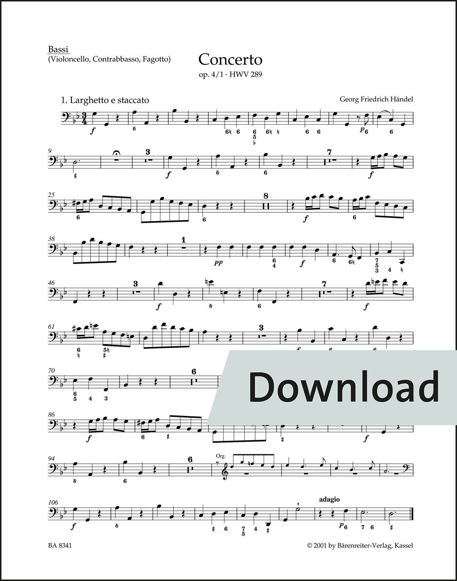 ヘンデル:オルガン協奏曲 ト短調 op.4-1 HWV289(原典版) – チェロ・コントラバス・ファゴット パート譜【デジタル版】