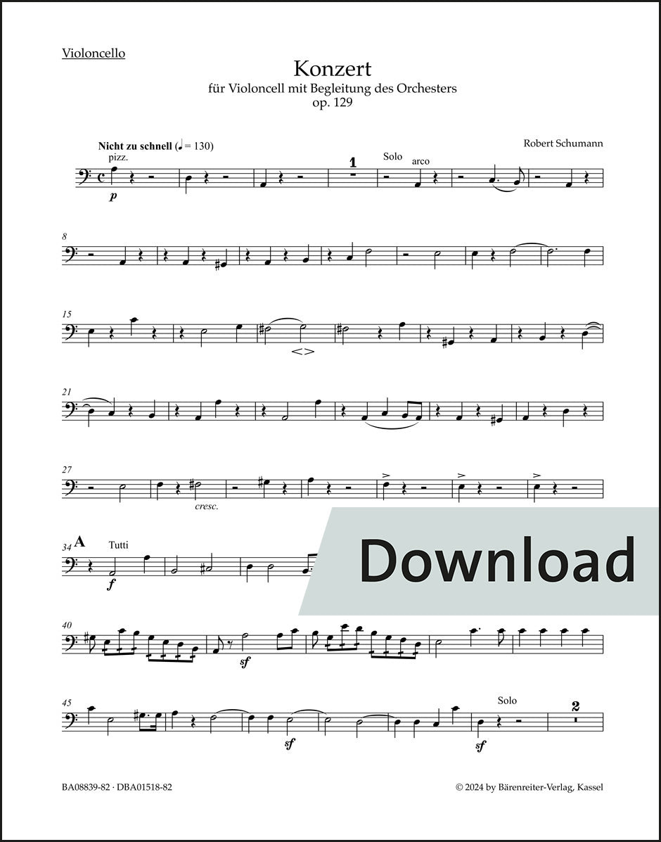シューマン:チェロと管弦楽のための協奏曲 イ短調 op.129(チェロパート譜)(2冊セット)【デジタル版】