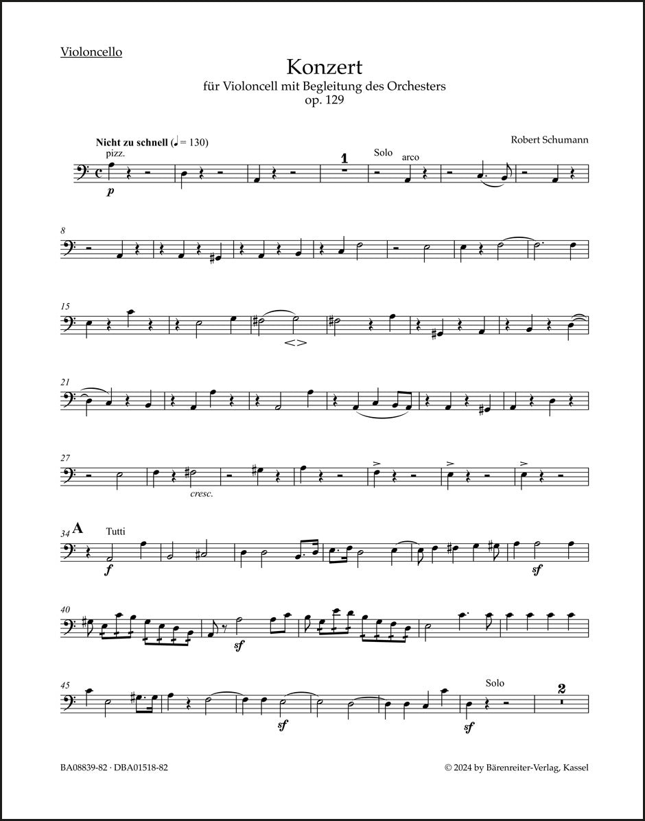 シューマン:チェロと管弦楽のための協奏曲 イ短調 op.129(チェロパート譜)(2冊セット)
