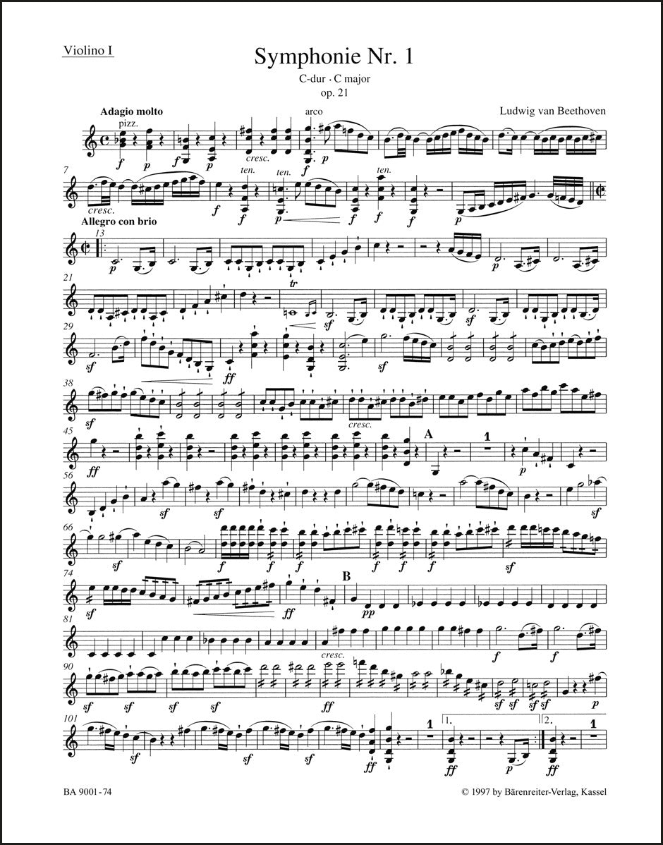 ベートーヴェン:交響曲 第1番 ハ長調 作品21(ヴァイオリンパート譜)(4冊セット)