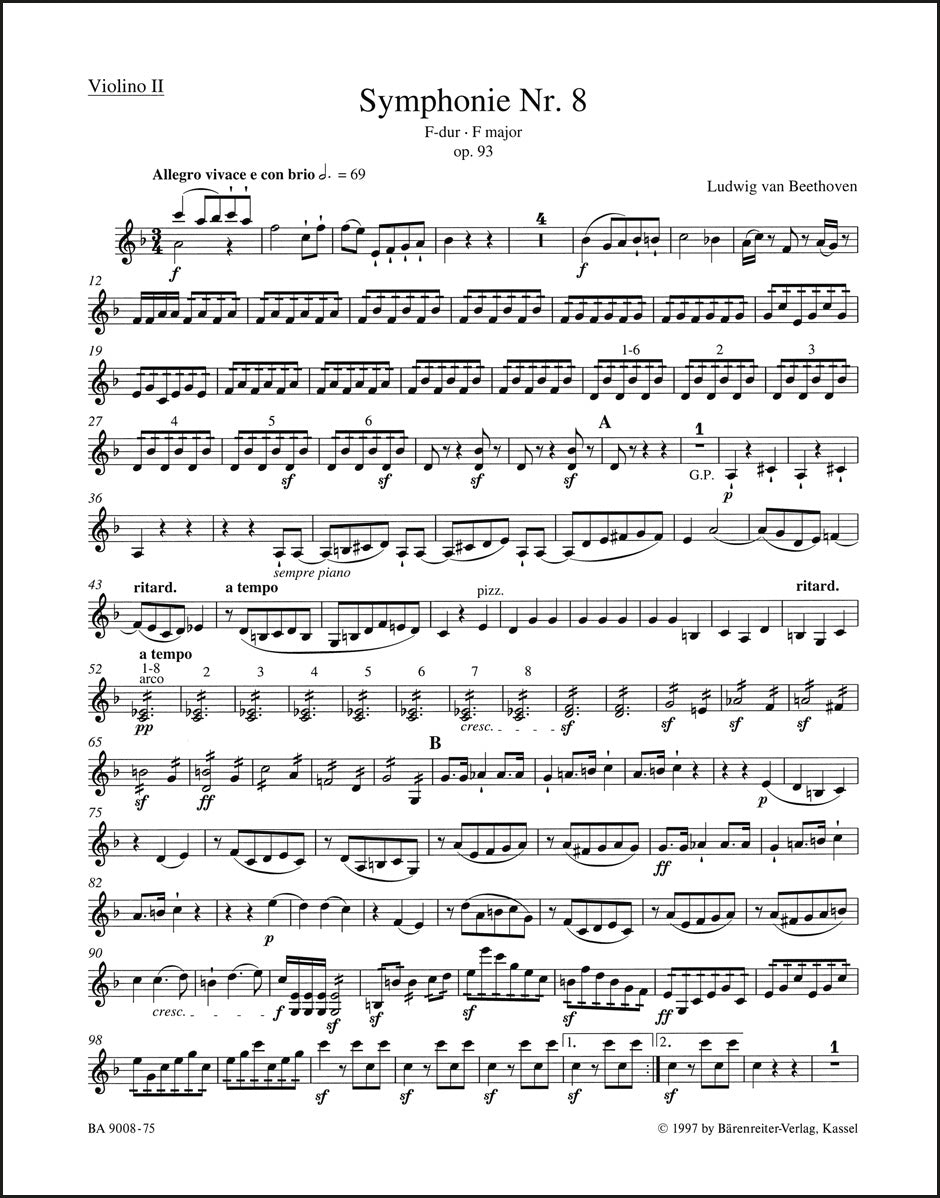 ベートーヴェン:交響曲第8番 ヘ長調 作品93(ヴァイオリンパート譜)(4冊セット)
