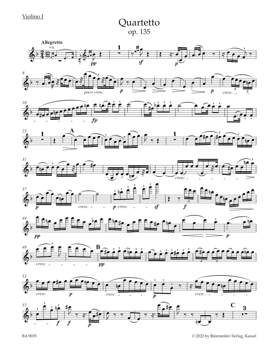 ベートーヴェン:弦楽四重奏曲 ヘ長調 作品135(ヴァイオリンパート譜)