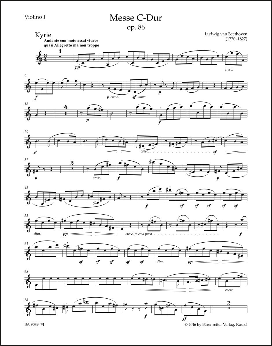 ベートーヴェン:ミサ曲 ハ長調 作品86(ヴァイオリンパート譜)(4冊セット)