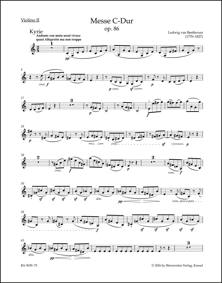ベートーヴェン:ミサ曲 ハ長調 作品86(ヴァイオリン2パート譜)(ヴァイオリンパート譜)(4冊セット)