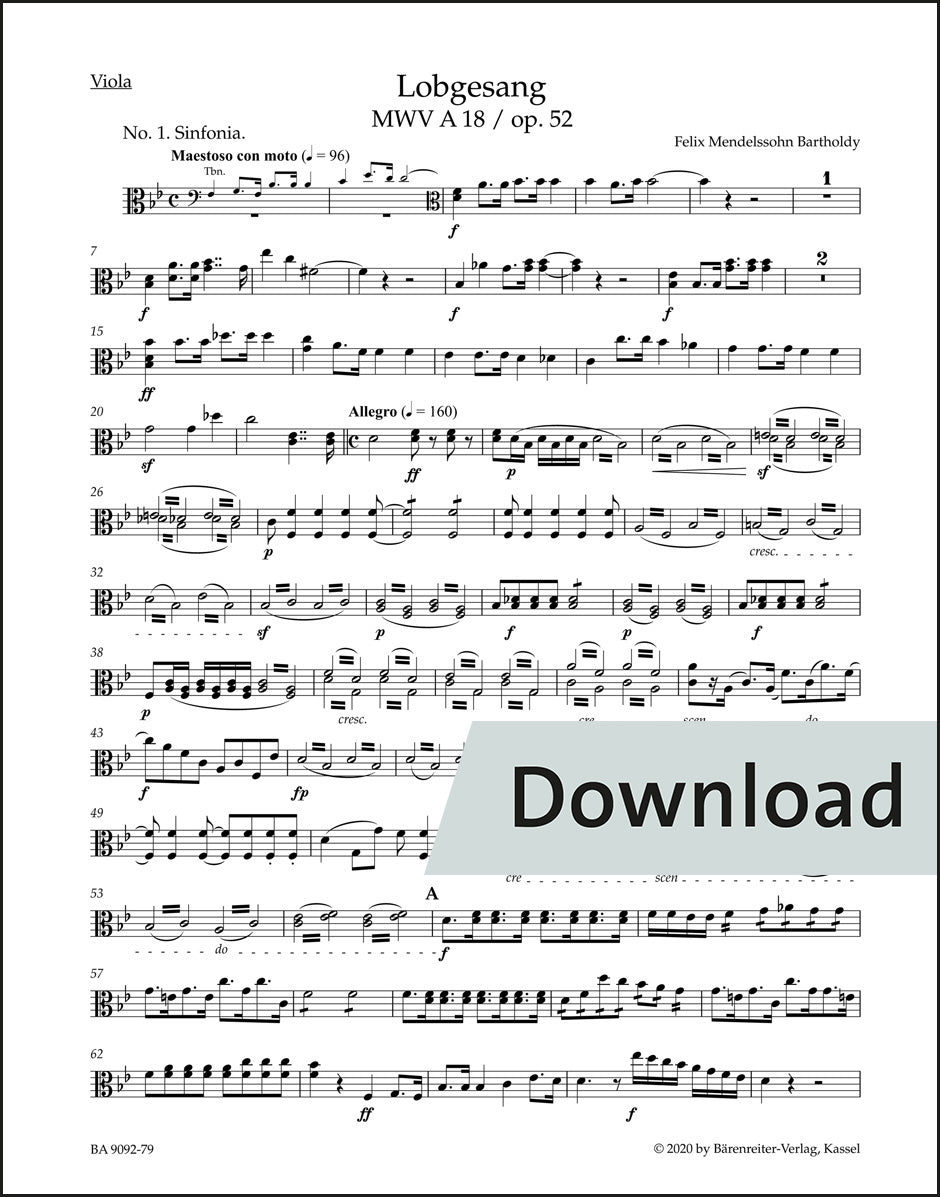 メンデルスゾーン:讃歌 op. 52 MWV A 18(ヴィオラパート譜)(3冊セット)【デジタル版】