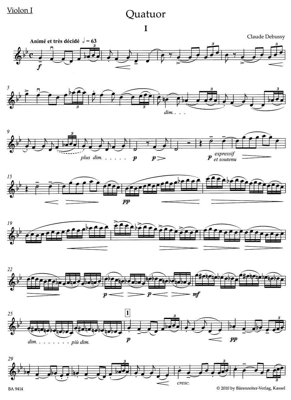 ドビュッシー:弦楽四重奏曲 op. 10(ヴァイオリンパート譜)