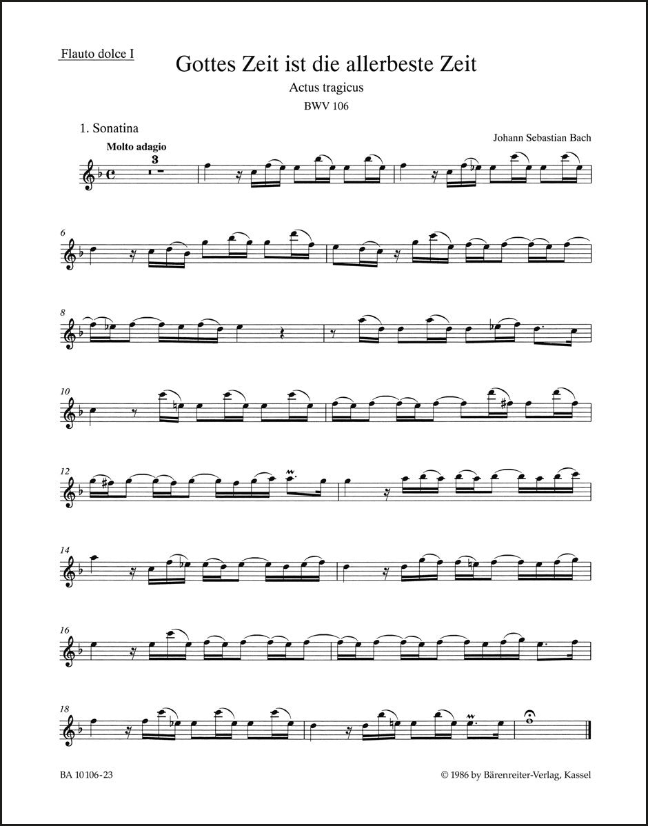 バッハ:神は力強きかな、そのご意志はいつも最善 BWV 106「哀悼行事」(リコーダーパート譜)