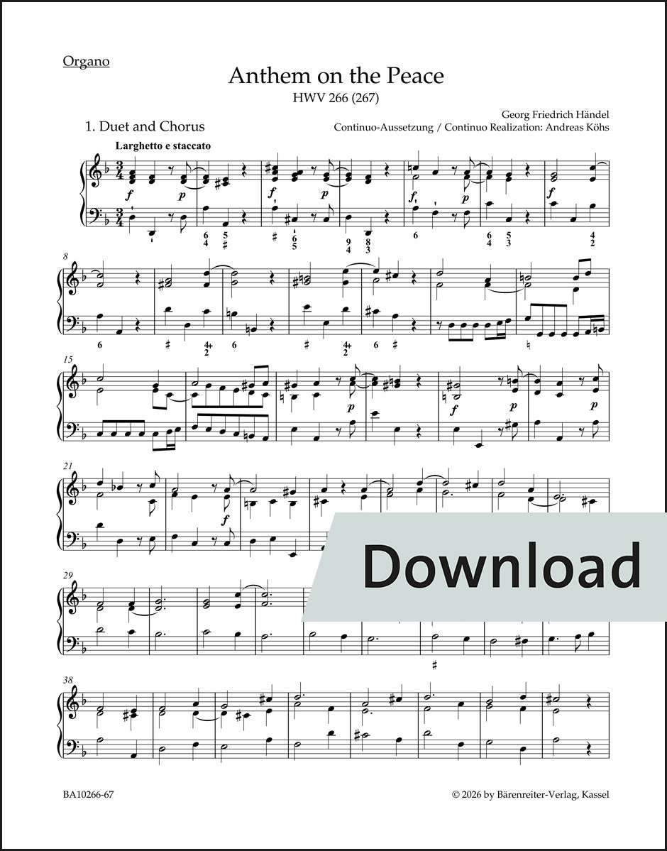 ヘンデル:平和のためのアンセム HWV 266 (267)(オルガンパート譜)【デジタル版】