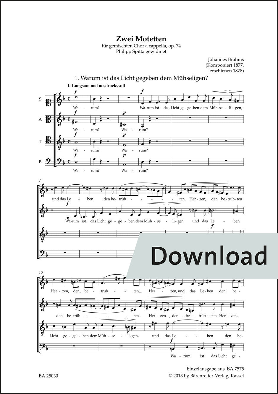 ブラームス:なにゆえ苦しむ者に光を与えたもうたのか op.74-1【デジタル版】
