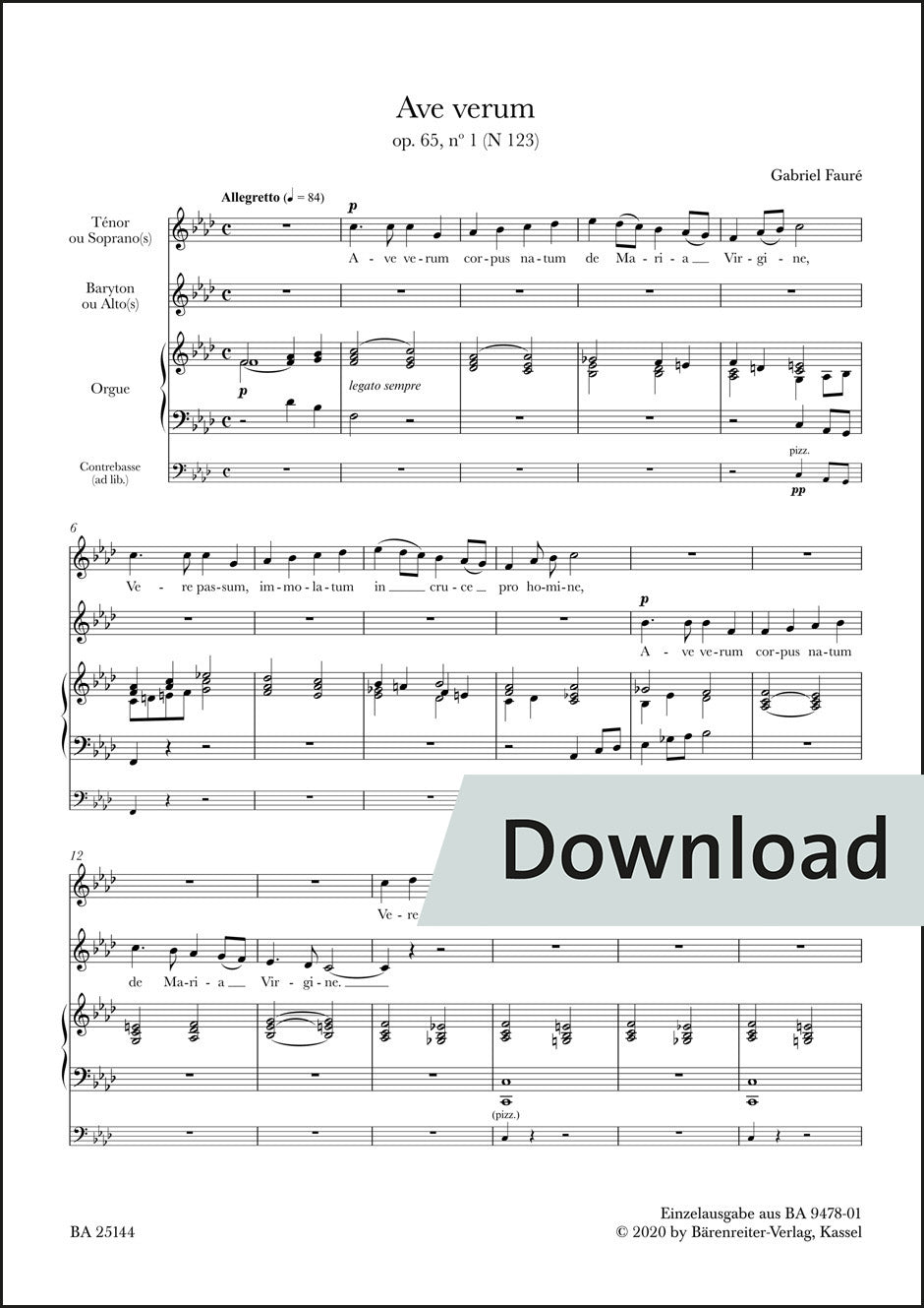 合唱/フォーレ:アヴェ・ヴェルム op. 65/1 N 123【デジタル版】