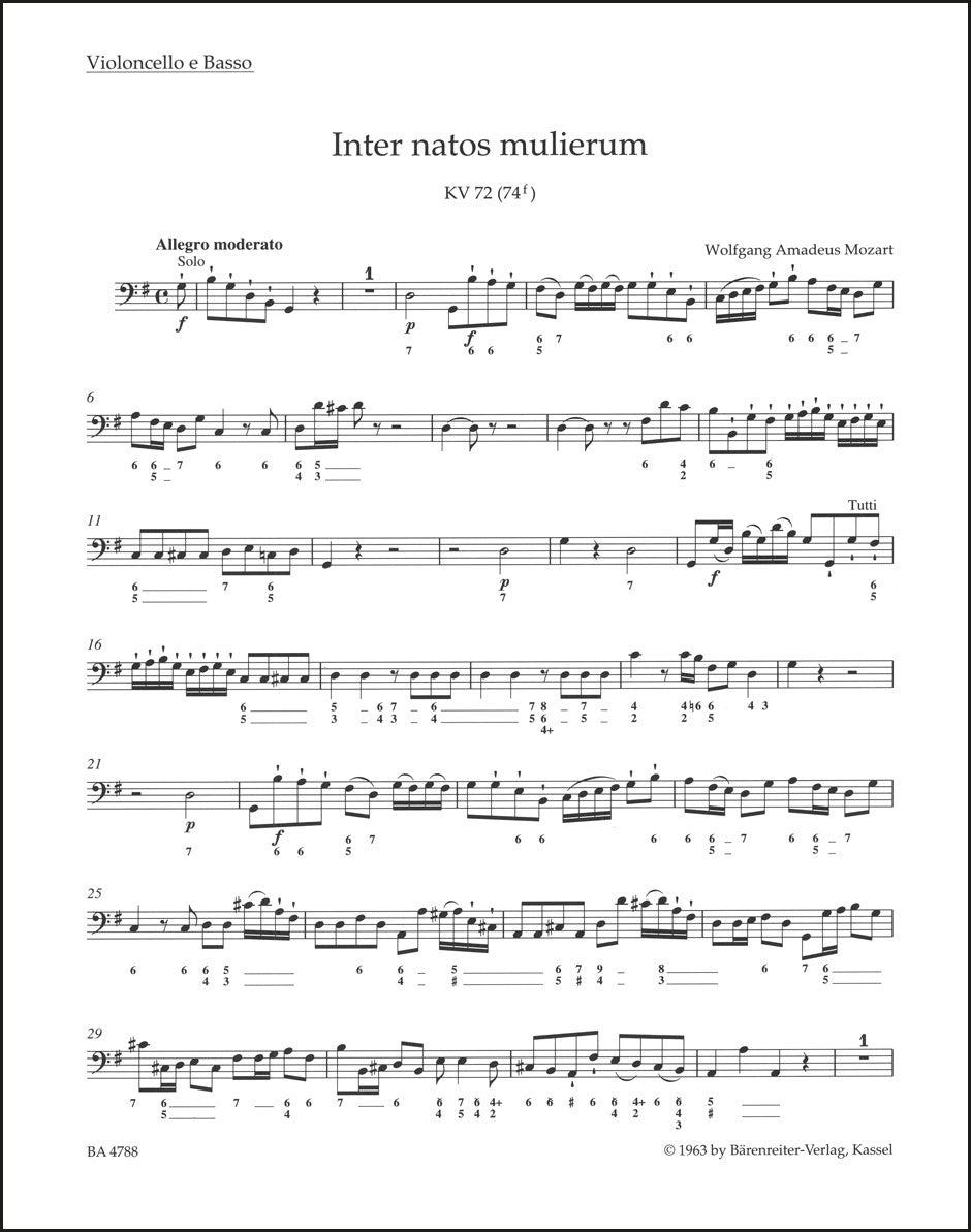 モーツァルト:Inter natos mulierum K. 72 (74f)(チェロパート譜)
