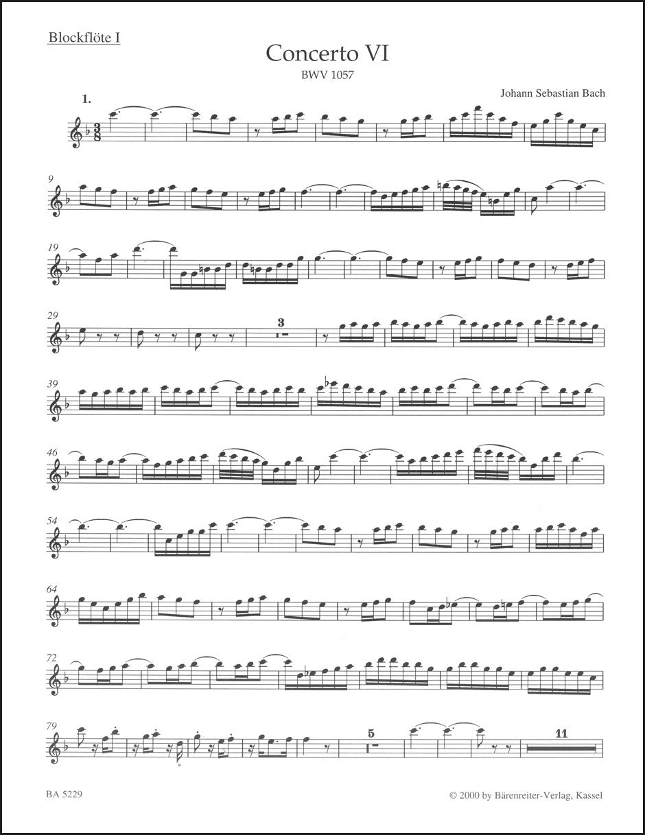 バッハ:チェンバロと2本のリコーダー、弦楽のための協奏曲 第6番 ヘ長調 BWV 1057(リコーダーパート譜)