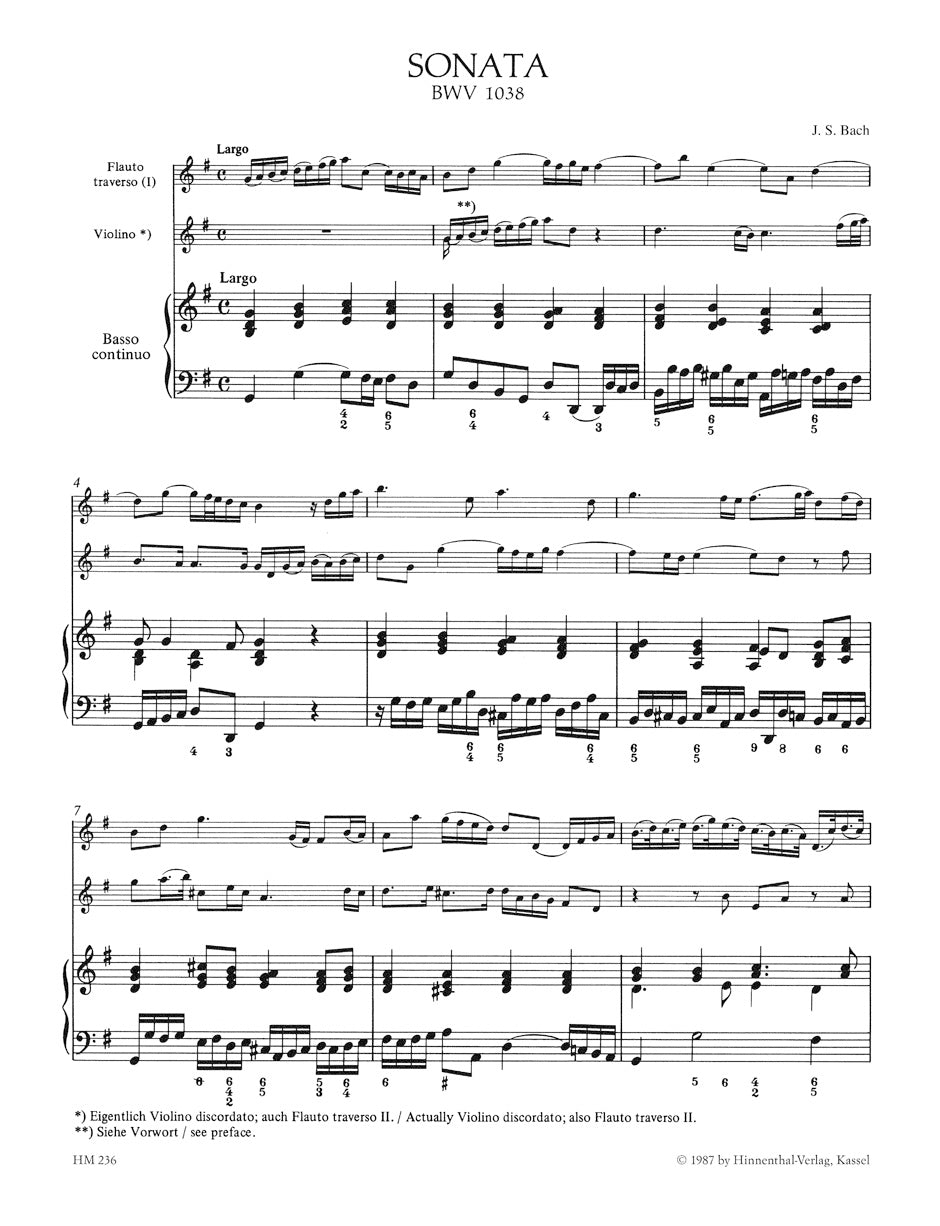 アンサンブル三重奏/バッハ:フルート、ヴァイオリン(または2本のフルート)と通奏低音のためのトリオ・ソナタ ト長調 BWV 1038