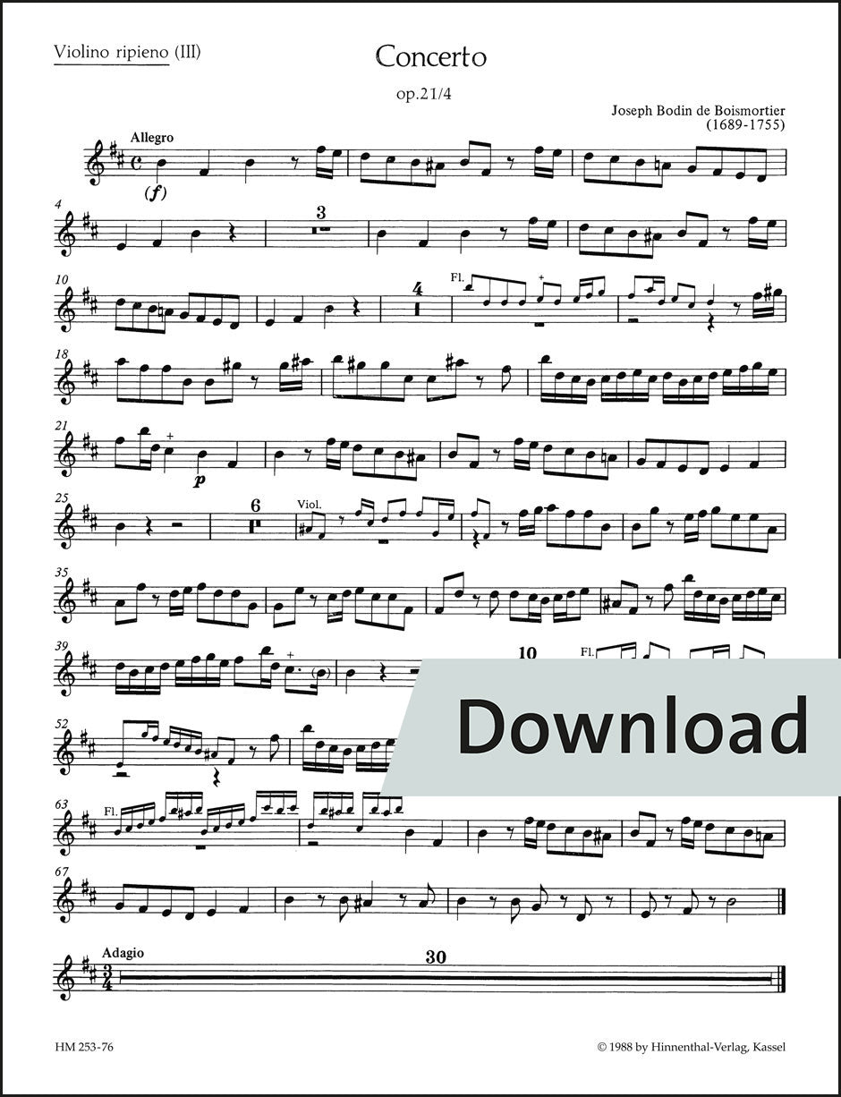 ボワモルティエ:協奏曲(2つの独奏楽器、弦楽と通奏低音、または2つの独奏楽器と通奏低音のための) ロ短調 op.21-4 – 第3ヴァイオリン(リピエーノ) パート譜【デジタル版】