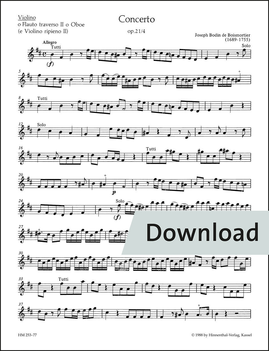 ボワモルティエ:協奏曲(2つの独奏楽器、弦楽と通奏低音、または2つの独奏楽器と通奏低音のための) ロ短調 op.21-4 – 独奏ヴァイオリン(第2フルート、オーボエ)・第2ヴァイオリン(リピエーノ) パート譜【デジタル版】