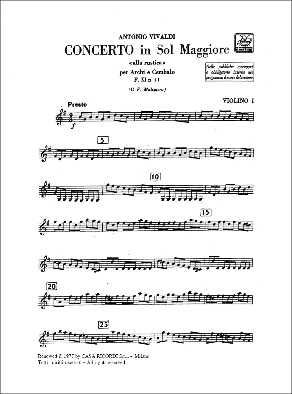 Antonio Vivaldi:Concerto Per Archi E B.C.: In Sol 'Alla Rustica':Rv 151 Rv 151, F.Xi-11 - Tomo 49 - Parti