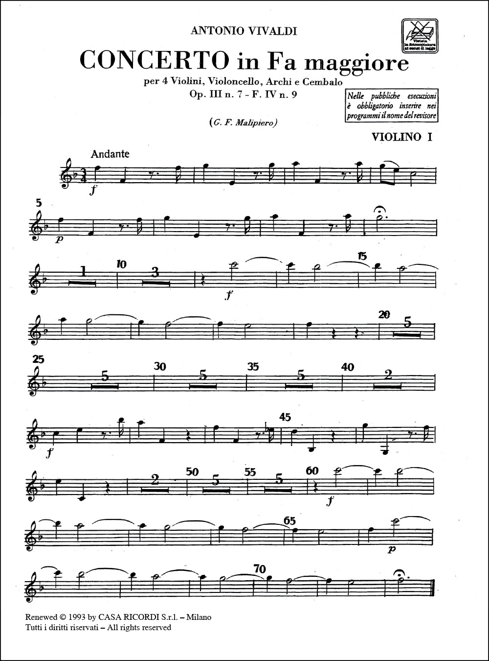 Antonio Vivaldi:Concerto in Fa Maggiore (F Major):per 4 Violini, violoncello,Archi e Cembalo
