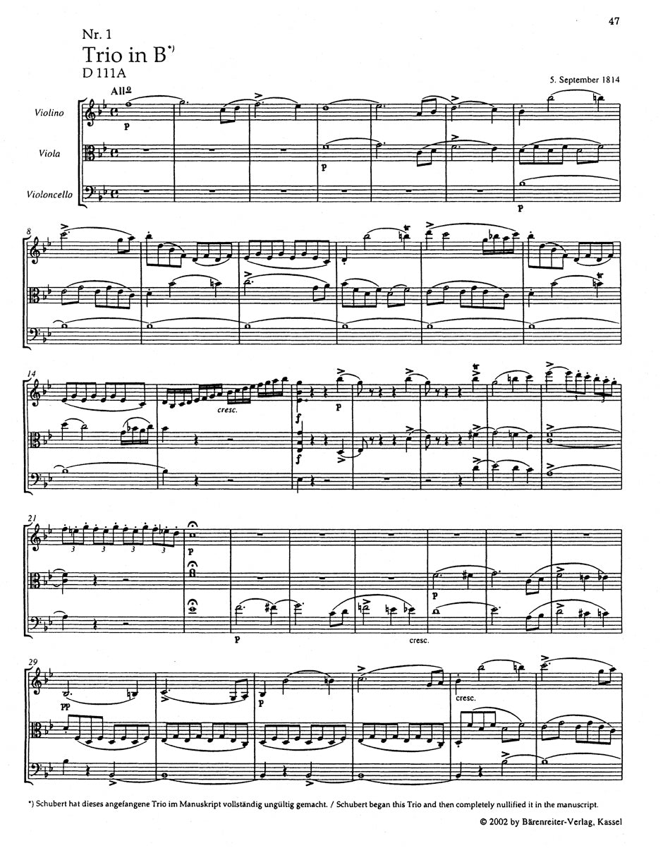 スコア/シューベルト:ヴァイオリン、ヴィオラとチェロのための弦楽三重奏曲全集
