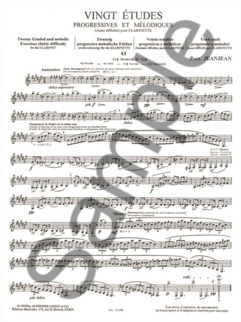 クラリネット/ジャンジャン:クラリネットのための 段階的な旋律的練習曲 20の練習曲 第3冊(中級上)
