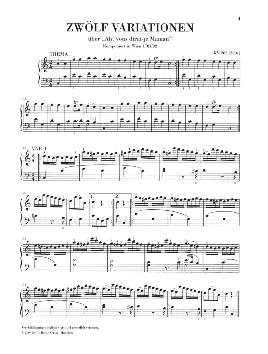 モーツァルト："ああ、お母さん聞いて" による 12の変奏曲（きらきら星変奏曲） ハ長調 KV 265（300e）