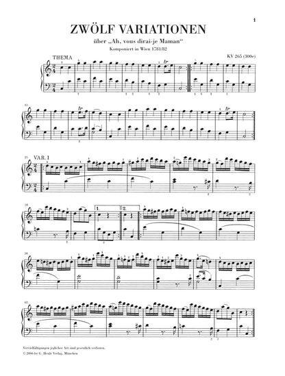モーツァルト："ああ、お母さん聞いて" による 12の変奏曲（きらきら星変奏曲） ハ長調 KV 265（300e）