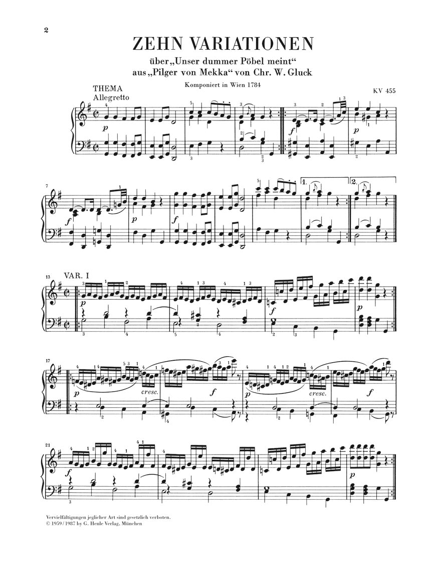 モーツァルト：10の変奏曲「Unser dummer Pöbel meint」による変奏曲 K.455
