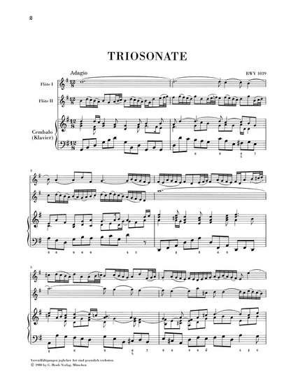 バッハ：トリオ・ソナタ ト長調 BWV 1039（2本のフルートと通奏低音、2本のヴァイオリン版付き）