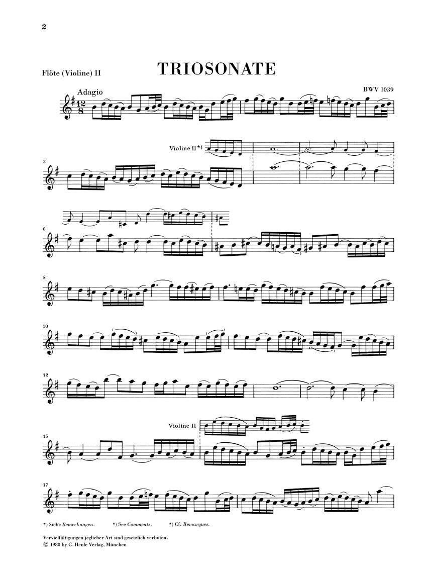 バッハ：トリオ・ソナタ ト長調 BWV 1039（2本のフルートと通奏低音、2本のヴァイオリン版付き）