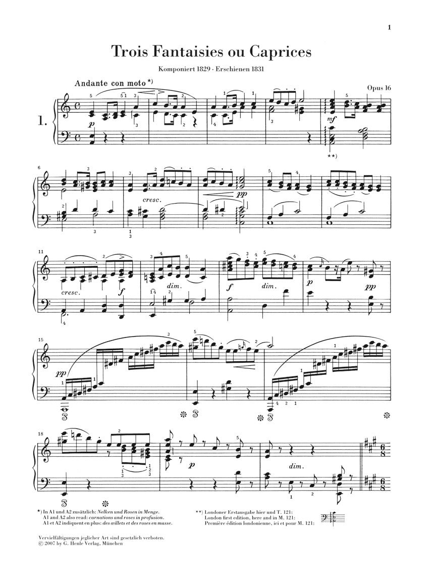メンデルスゾーン：3つの幻想曲、または 奇想曲（カプリス） op. 16