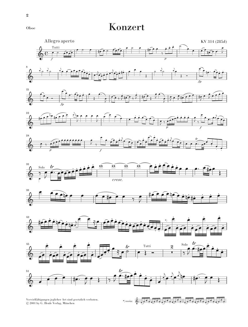 モーツァルト：オーボエ協奏曲 ハ長調 KV 314 （フルート協奏曲 第2番 KV 314に基づく）
