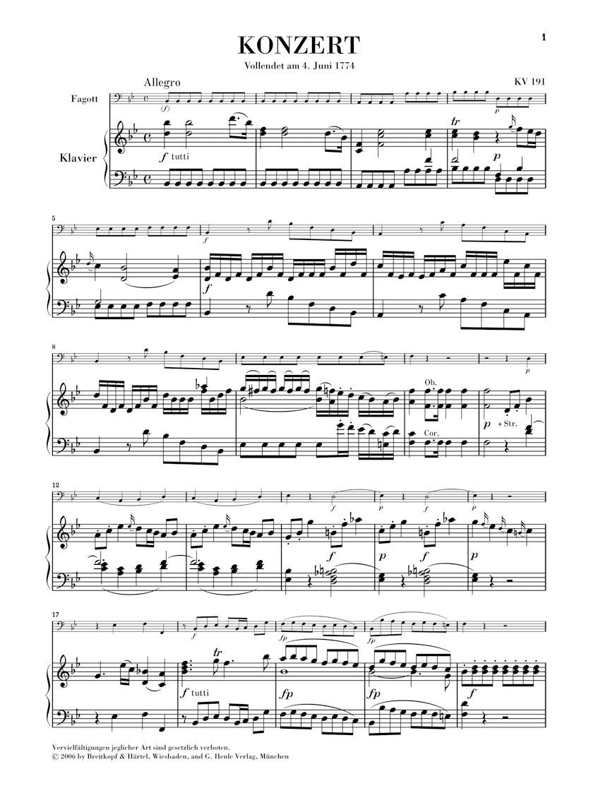 モーツァルト：バスーン協奏曲 変ロ長調 KV 191