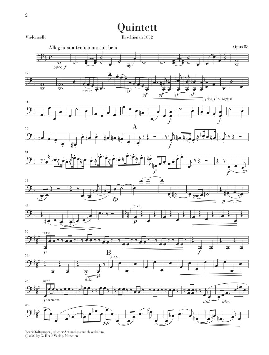 ブラームス：弦楽五重奏曲 第1番 ヘ長調 op. 88