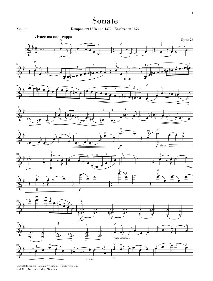 ヴァイオリン／ブラームス：ヴァイオリン・ソナタ 第1番 ト長調 op. 78