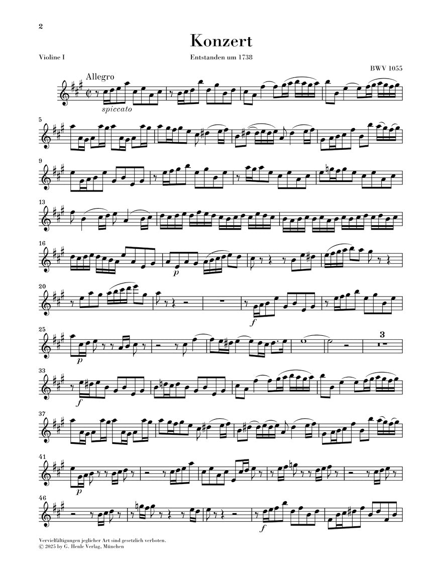 バッハ：チェンバロ協奏曲 第4番 イ長調 BWV 1055（弦楽パートセット）