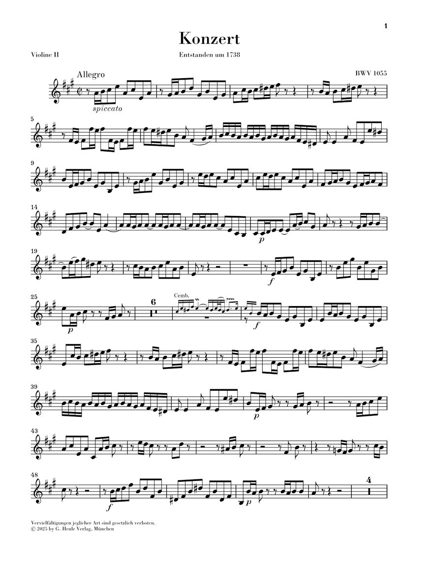バッハ：チェンバロ協奏曲 第4番 イ長調 BWV 1055（弦楽パートセット）