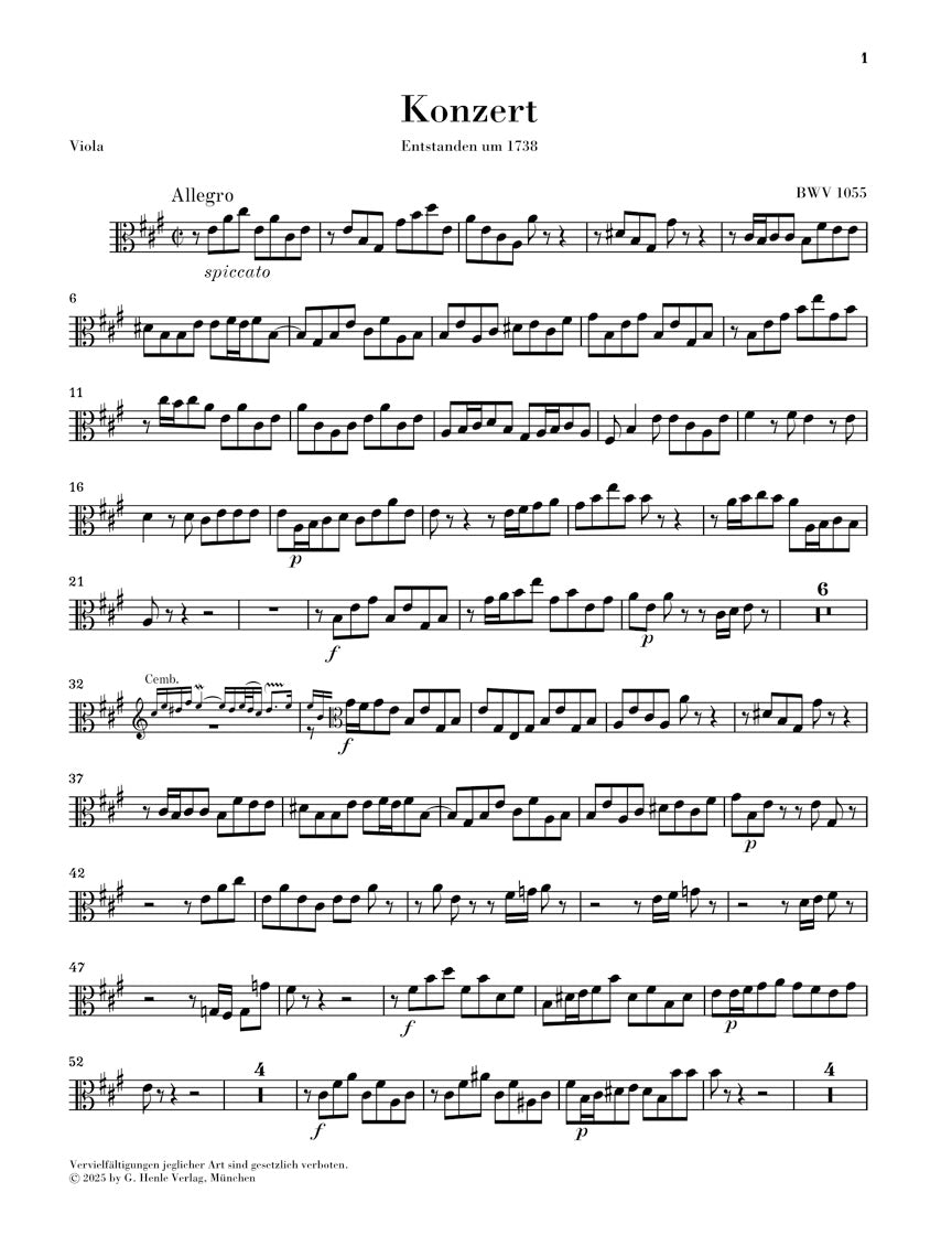 バッハ：チェンバロ協奏曲 第4番 イ長調 BWV 1055（弦楽パートセット）