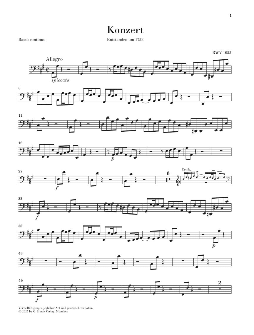 バッハ：チェンバロ協奏曲 第4番 イ長調 BWV 1055（弦楽パートセット）