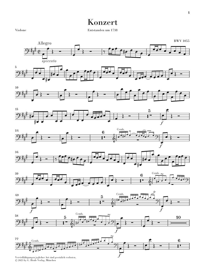 バッハ：チェンバロ協奏曲 第4番 イ長調 BWV 1055（弦楽パートセット）