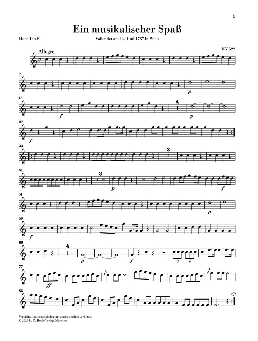 アンサンブル六重奏以上〜／モーツァルト：音楽の冗談 K.522（管楽器パート譜セット）